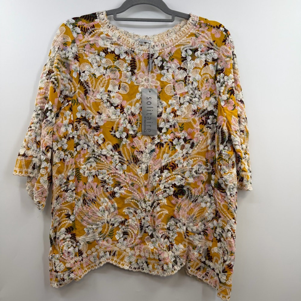 Solitaire Ravi Khosla Embroidered Tunic Womens L Mustard Boho Floral NWT